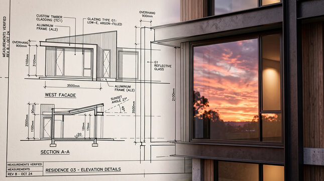 Architectural plans meeting a realistic building rendering, illustrating the transformation from concept to realization in modern residential or commercial development