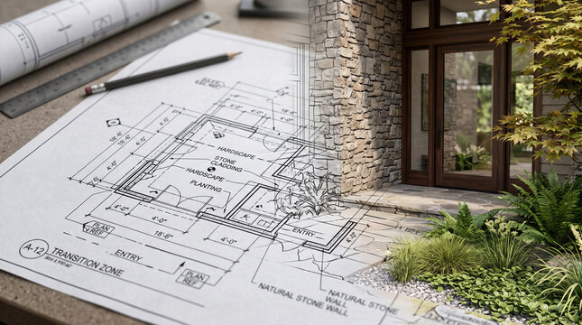 Architectural blueprint for a modern home exterior seamlessly transitioning into a realistic rendering, illustrating the design process becoming a tangible building