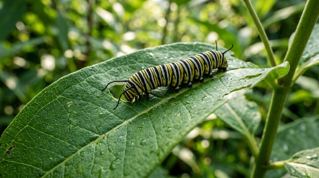 Caterpillar resting on large green leaf.