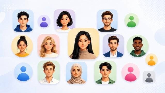 Grid of diverse illustrated user avatars and generic profile icons in rounded squares, showing varied ages, ethnicities, hairstyles and outfits on soft pastel backgrounds