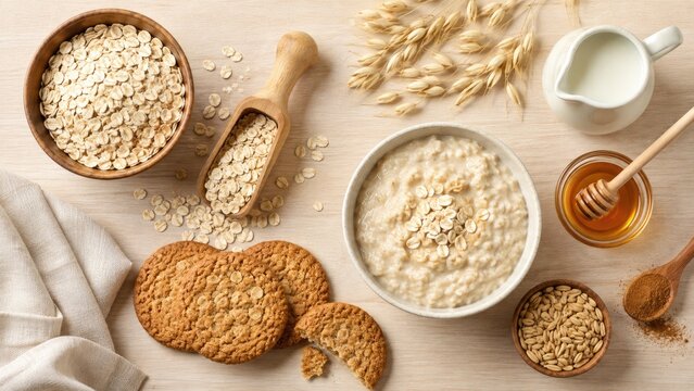 Creamy oatmeal porridge bowl with oats, honey, milk jug, oat cookies, and wheat stalks on wood