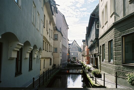 Historic Canal and Old Town Street in Memmingen, Bavaria, Germany