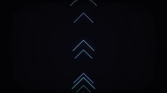 Sleek glowing chevrons with scrolling neon arrows on a dark background, concept for digital navigation and upward progress, perfect for social media swipe-up animations and tech overlays