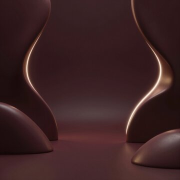 rendering dark room red background center three curved objects appear shiny metallic material objects arranged way creates sense depth dimension side large elongated object slightly larger than two