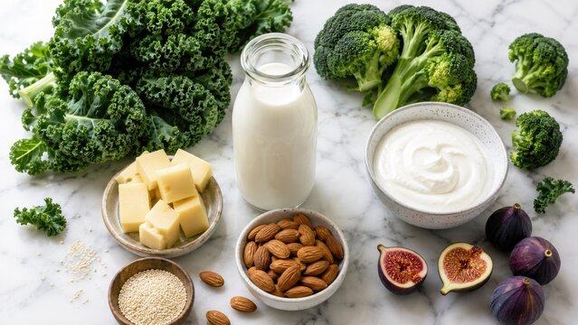 Assortment of calcium-rich foods on marble: milk, yogurt, cheese, almonds, kale, broccoli, figs, and sesame
