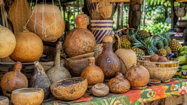 Rustic market stall displaying dried calabash gourds and tropical fruit