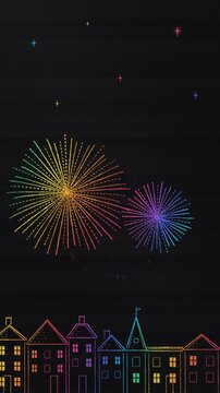 Scratch art fireworks over a sleepy town at night, rainbow lines scratched in black wax, vertical New Year background with copy space, seamless loop