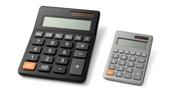 Two solar-powered calculators, one black and one silver, angled on a clean white background
