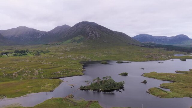 Aerial view of a lake and the Twelve Bens mountains, Connemara, Ireland