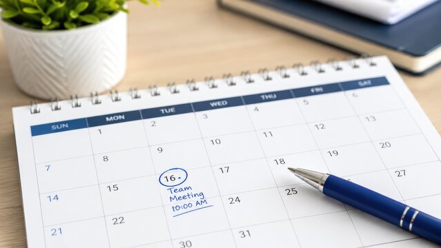 Desk calendar with the 16th circled for a 10:00 AM team meeting, blue pen and notebooks on an office desk
