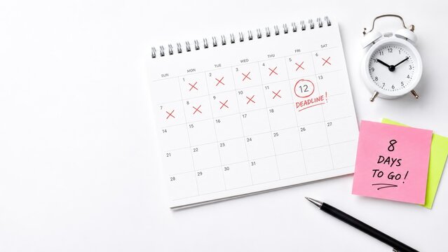 Spiral desk calendar with crossed-off days, a circled deadline date, sticky note reading "8 days to go", alarm clock and pen on a white background