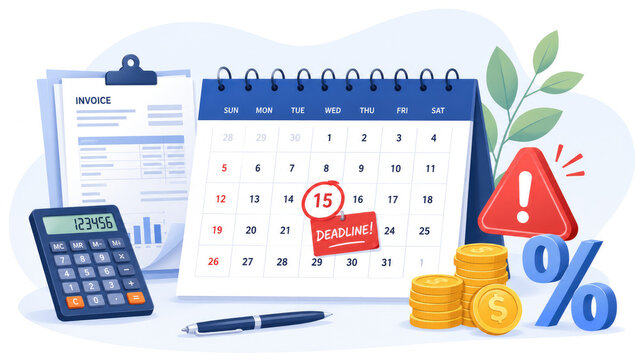 Office finance scene with calendar marking an invoice deadline