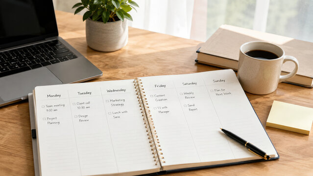 Open weekly planner on wooden desk with laptop, coffee mug, pen, notebook, sticky notes and potted plant