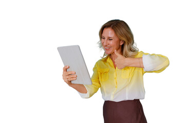 Woman making thumbs up gesture during a video call on a tablet, showing approval and remote communication © Komora