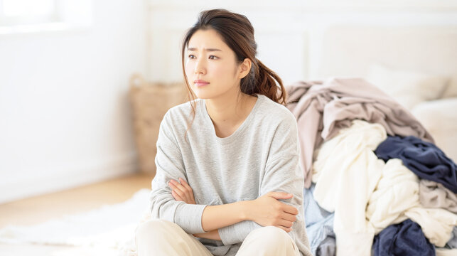 山積みの洗濯物を前に家事の悩みを抱える女性
