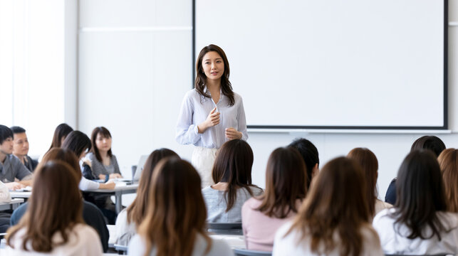 大勢の参加者を前にプレゼンテーションする女性講師
