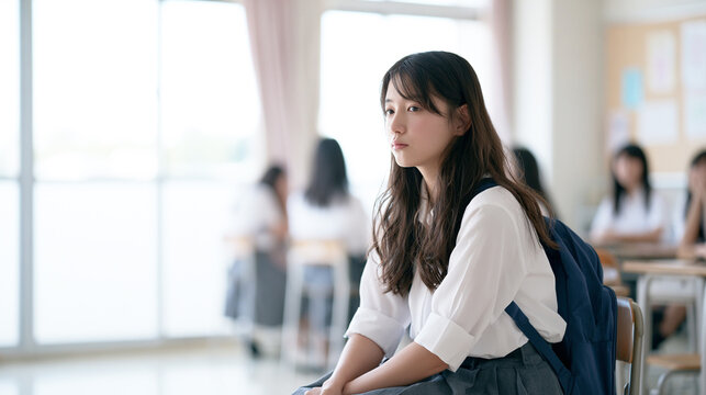教室で一人座り悩みや不安を抱える女子高校生
