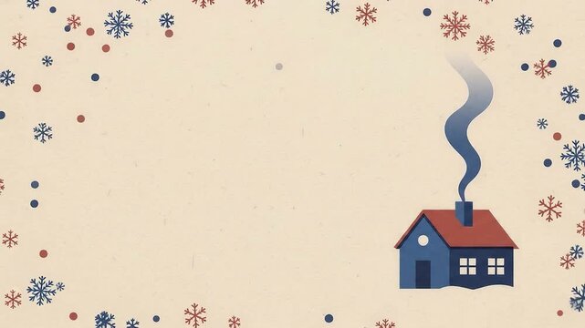 雪が舞う冬の家と煙突の煙を描いたリソグラフ風ウィンター背景