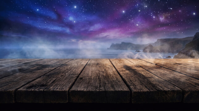 Halloween wooden table overlooking a misty ocean beneath a spectacular purple and blue starry sky, distant cliffs and dreamy cosmic night landscape