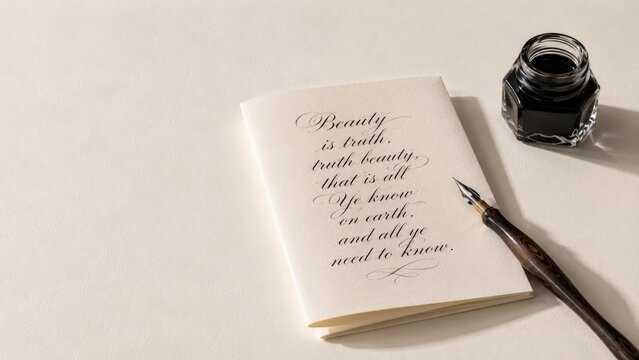 Folded cream card with elegant calligraphy quote, wooden nib pen holder and ink bottle on a neutral background