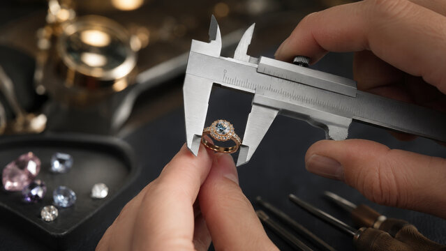 Close-up of hands measuring a diamond halo engagement ring with calipers on a jeweler's workbench