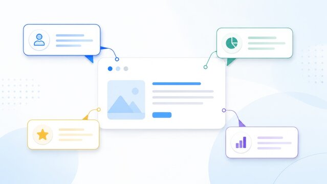Minimalist UI dashboard mockup with central content card and floating annotation bubbles showing user, chart, star, and analytics icons