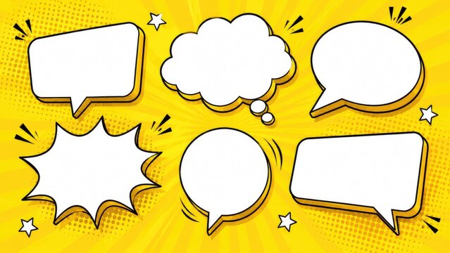 Set of white comic speech and thought bubbles on a vibrant yellow pop art background with halftone dots and radial rays