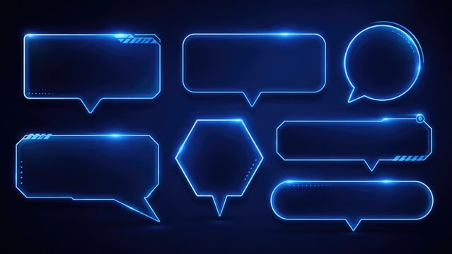 Set of glowing blue neon speech bubbles and UI callouts in a futuristic HUD style