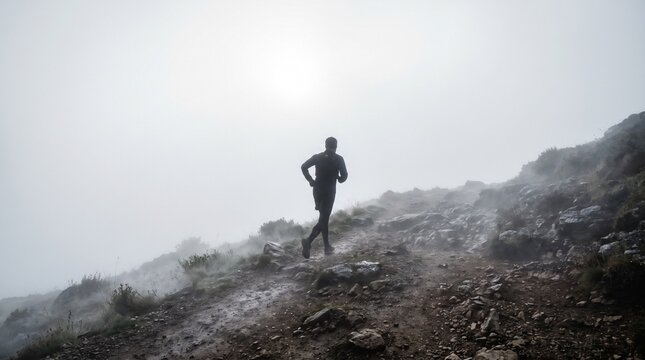 Lone silhouette runner on a misty mountain trail during a foggy day