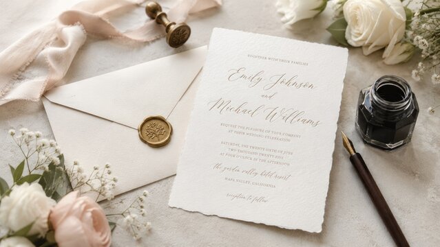 Elegant wedding invitation suite with wax-sealed envelope, calligraphy card, fountain pen, ink bottle, and floral accents in soft neutral tones