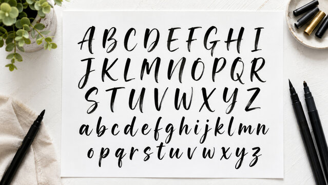 Hand-lettered brush calligraphy uppercase and lowercase alphabet on white paper with brush pens and art supplies in a minimalist flatlay