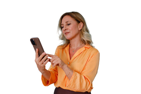 Woman browsing on smartphone, engaging with social media and digital content, transparent background