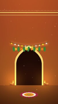 Diwali Decorated Doorway with Toran and Lamps on Sage Green Wall