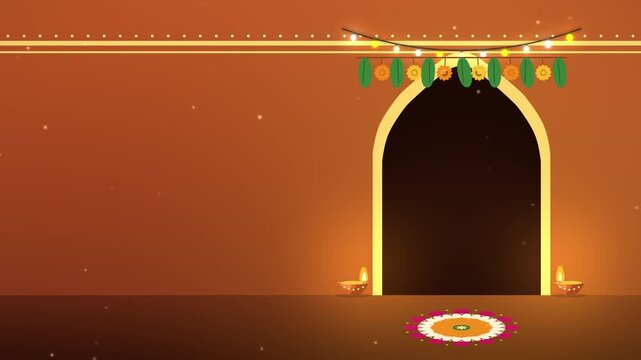 Diwali Decorated Doorway with Toran Lamps and Rangoli Loop