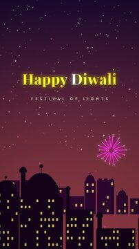 Happy Diwali Festival of Lights Text Over City on Navy Night Loop