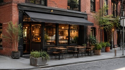 Fototapeta premium Cozy brick cafe storefront with black awning, outdoor tables and potted plants, warm interior lighting on a cobblestone city sidewalk