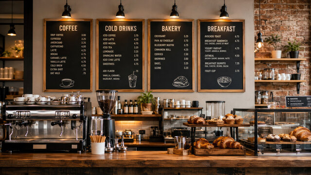 Cozy coffee shop counter with espresso machine, chalkboard menus, bakery display of croissants and pastries