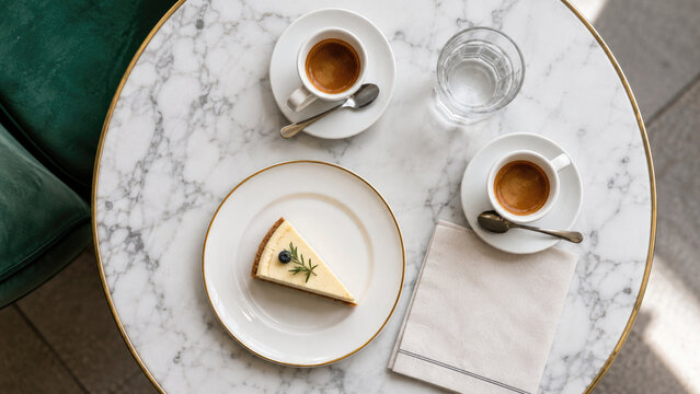 Top-down view of a marble caf&eacute; table with two espresso cups, a glass of water, a napkin and a slice of cheesecake garnished with blueberry and rosemary