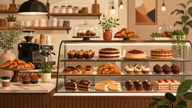 Warm cozy bakery interior with a glass display case full of assorted cakes, cupcakes, croissants, pastries and coffee equipment on a wooden counter