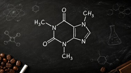 Obraz premium Chalkboard illustration of the caffeine molecule in white chalk with coffee beans and chemistry doodles