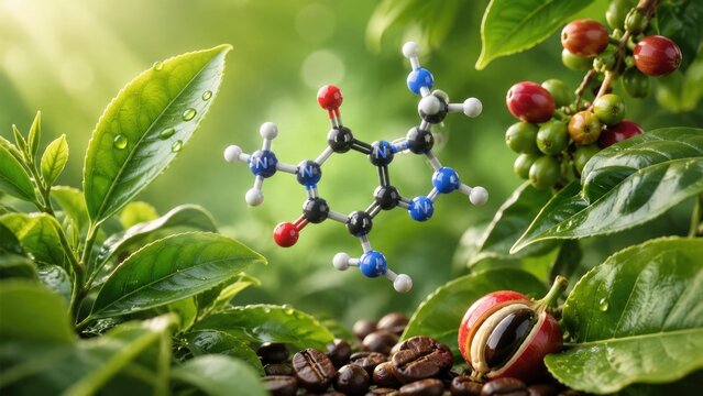 Caffeine molecule hovering above a sunlit coffee plant with beans, open cherry, glossy dewy leaves and bokeh background