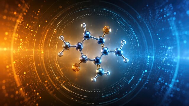 Glowing 3D molecular model with atoms and bonds in a futuristic blue and orange digital tech background