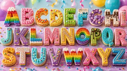 Obraz premium Colorful decorated alphabet cookies A-Z with frosting, sprinkles and rainbow designs on a pastel party background
