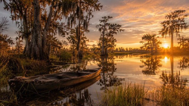 Sunrise over a cypress swamp with an old wooden boat and Spanish moss reflected in calm golden waters