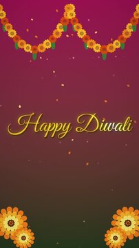 Happy Diwali Text with Marigold Garlands on Green Background