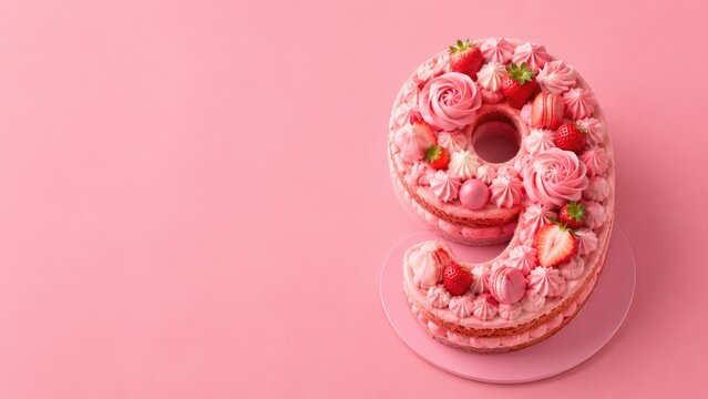 Pink number nine celebration cake decorated with strawberries, macarons, and buttercream rosettes on a pastel pink background