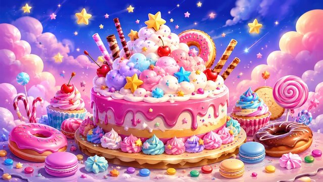 Whimsical pastel dessert scene with layered cake, cupcakes, donuts, macarons and candies under a starry dreamy sky
