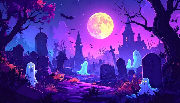spooky halloween night wallpaper in the graveyard . digital illustrations.
