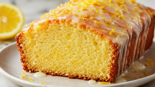 Fresh glazed lemon drizzle loaf cake with zesty icing and visible lemon zest on a plate, moist yellow crumb and a lemon slice in the background