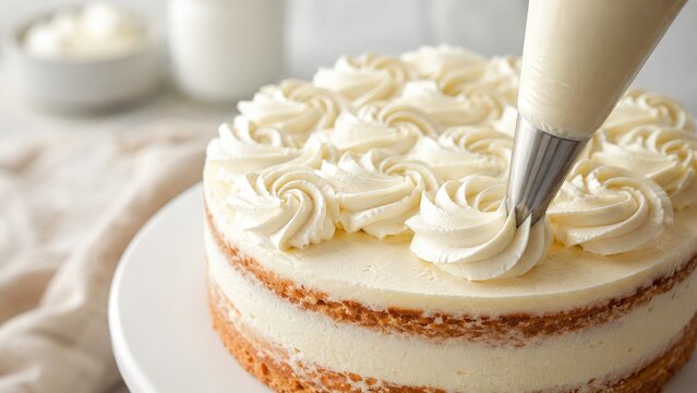 Hands piping white buttercream rosettes onto a layered naked vanilla cake on a cake stand
